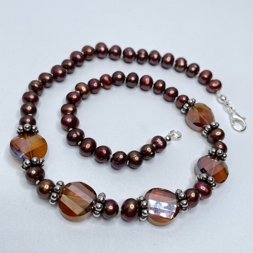 Stunning Silk Double Knotted Brown Freshwater Pearl Crystal Beaded Necklace